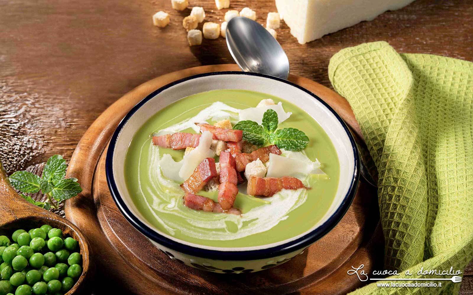 Vellutata di piselli, menta e pecorino con Tagliette di pancetta dolce Citterio