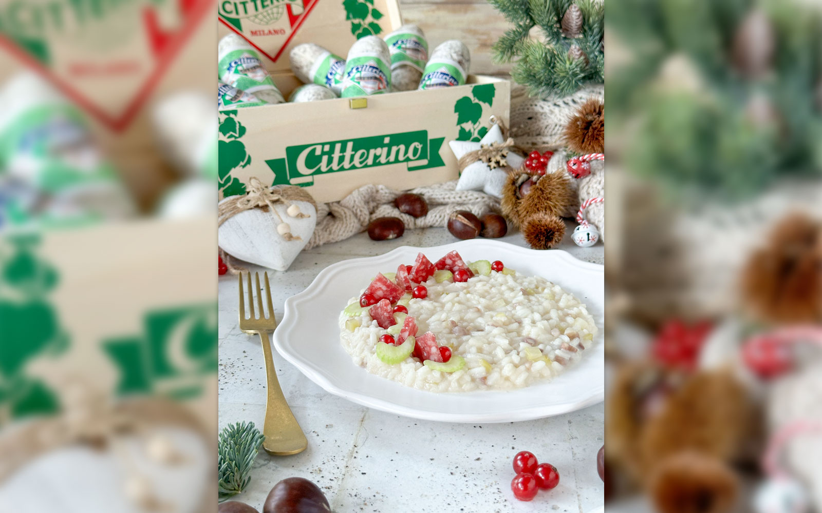 Risotto castagne, sedano e citterino a ventaglietto